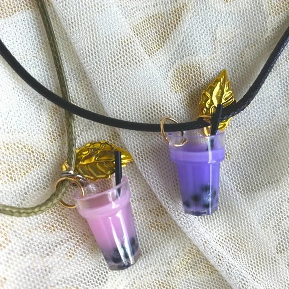 Girls/Kids Cute Color Boba Bubble Milk Tea Charms Pendant Necklace Pair/Set of 2 - Picture 1 of 8